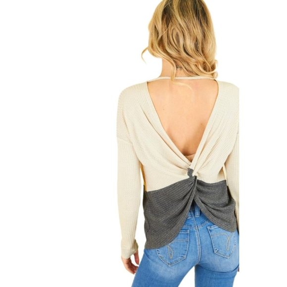 PS KATE Mustard Gray Waffle Knit Color Block Long Sleeve Top Open Back 11243 - Picture 4 of 15